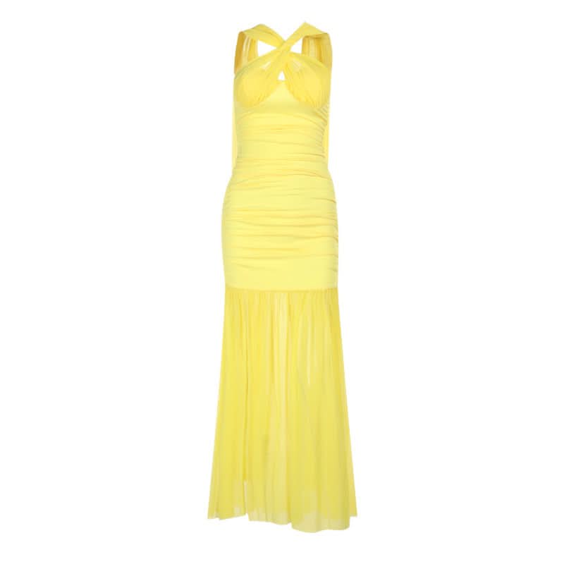 Radiant Yellow Ruched Halter Maxi Dress - Perfect for Destination Weddings & Holiday Getaways