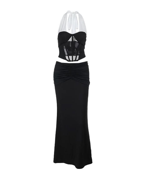Chic Halter Corset & Ruched Maxi Skirt Set - Black & White Evening Glam for Fall