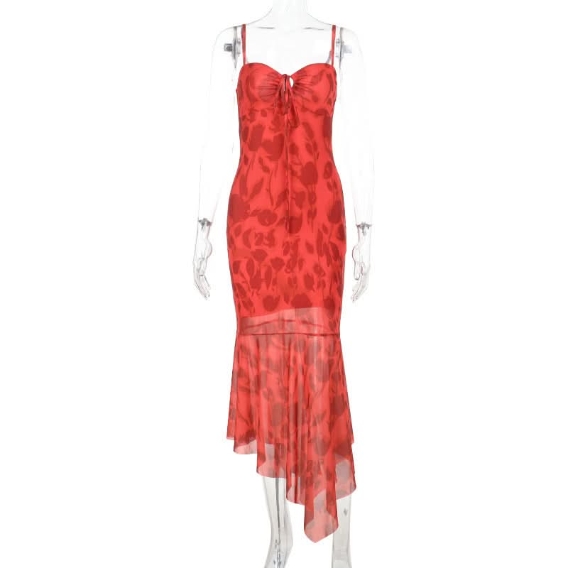 Vibrant Red Floral Tie-Front Cami Midi Dress - Chic for Fall Soirees & Resort Escapes