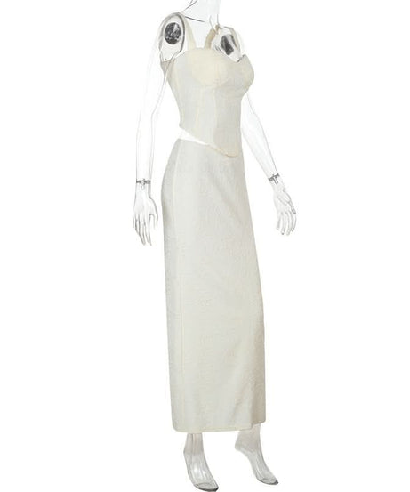 Elegant White Cutout Maxi Skirt & Corset Top Set - Holiday Party & Resort Ready