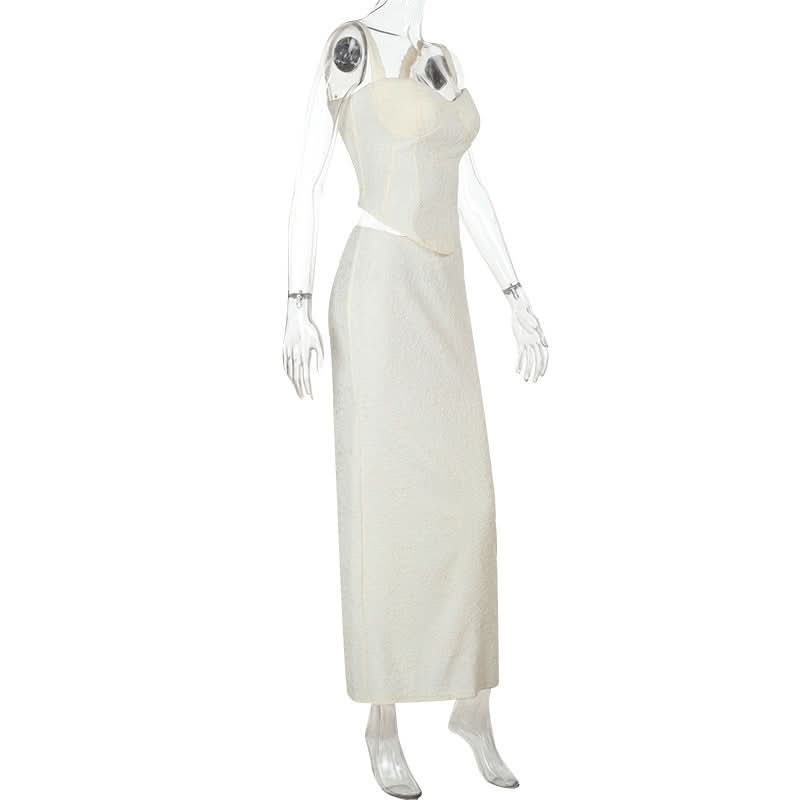 Elegant White Cutout Maxi Skirt & Corset Top Set - Holiday Party & Resort Ready