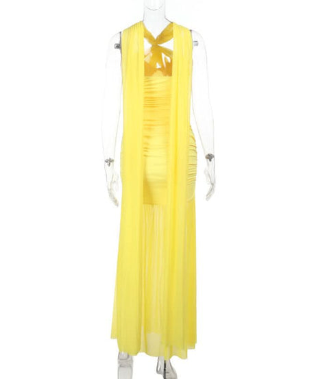 Radiant Yellow Ruched Halter Maxi Dress - Perfect for Destination Weddings & Holiday Getaways