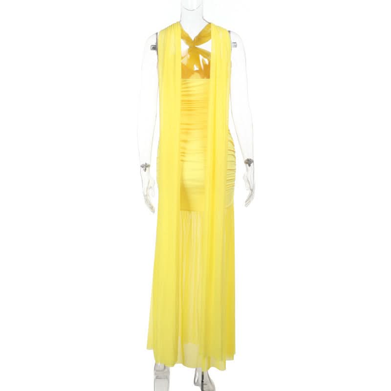 Radiant Yellow Ruched Halter Maxi Dress - Perfect for Destination Weddings & Holiday Getaways
