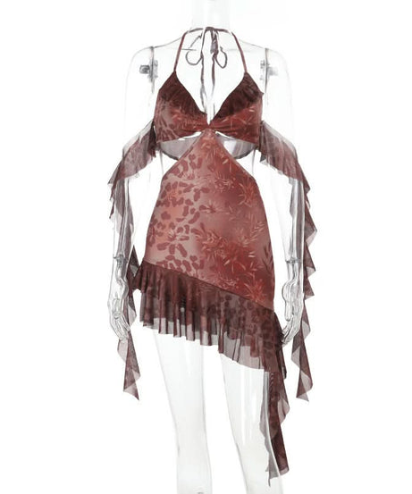 Enchanting Autumn Bloom Halter Mini Dress | Flirty Cut-Outs & Ruffles for Fall Parties