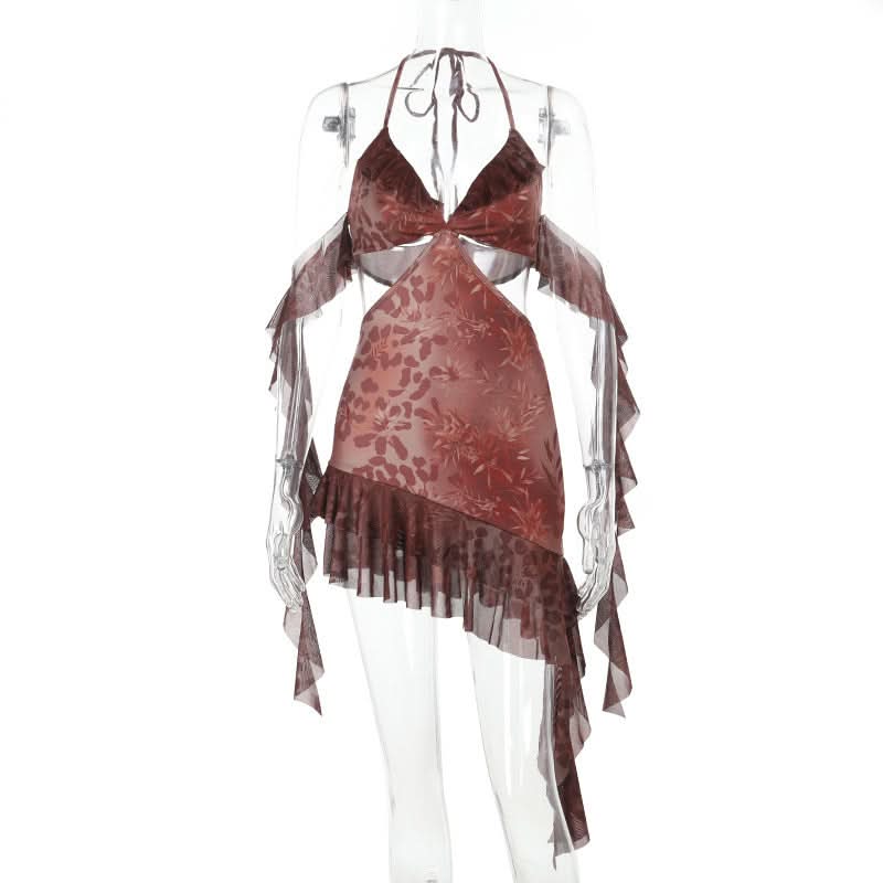 Enchanting Autumn Bloom Halter Mini Dress | Flirty Cut-Outs & Ruffles for Fall Parties