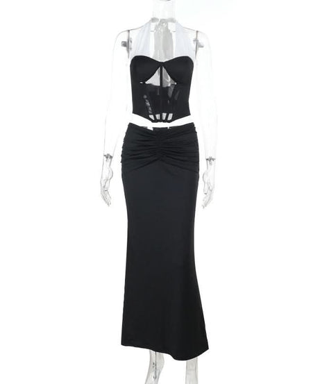 Chic Halter Corset & Ruched Maxi Skirt Set - Black & White Evening Glam for Fall