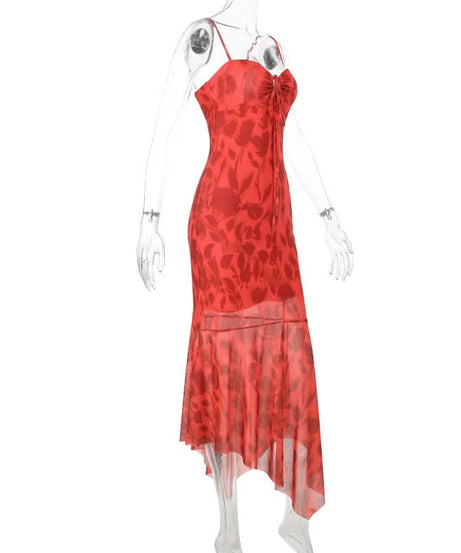 Vibrant Red Floral Tie-Front Cami Midi Dress - Chic for Fall Soirees & Resort Escapes