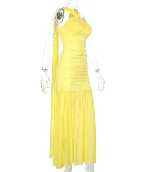Radiant Yellow Ruched Halter Maxi Dress - Perfect for Destination Weddings & Holiday Getaways