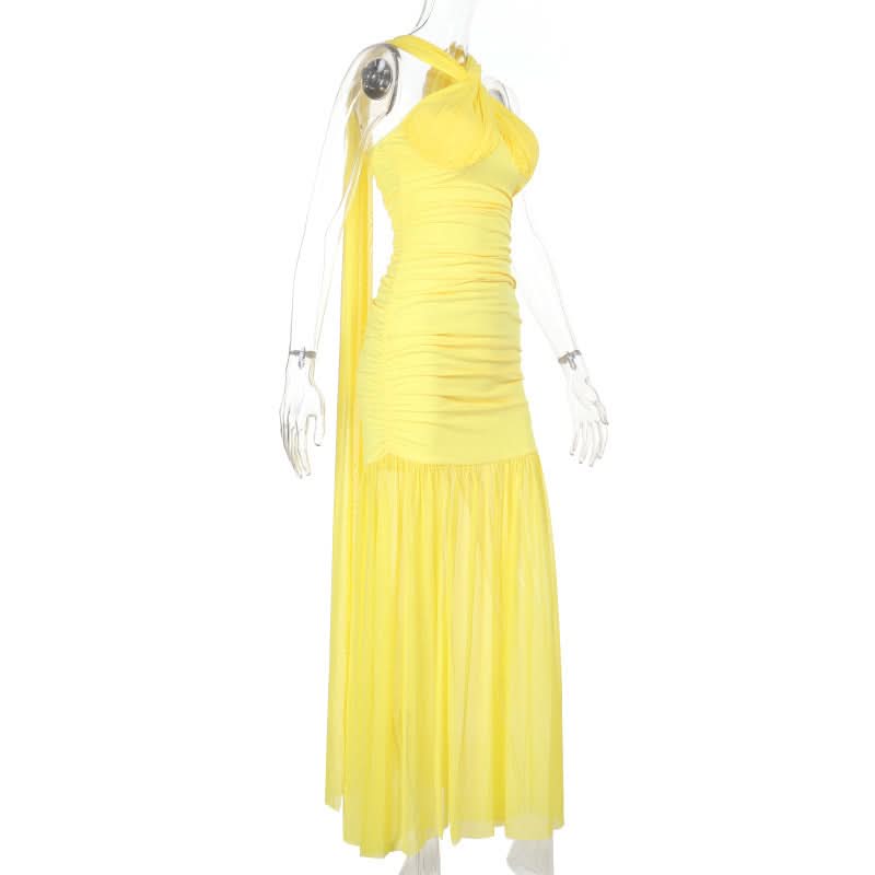 Radiant Yellow Ruched Halter Maxi Dress - Perfect for Destination Weddings & Holiday Getaways