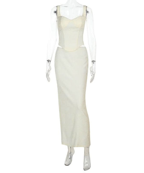 Elegant White Cutout Maxi Skirt & Corset Top Set - Holiday Party & Resort Ready