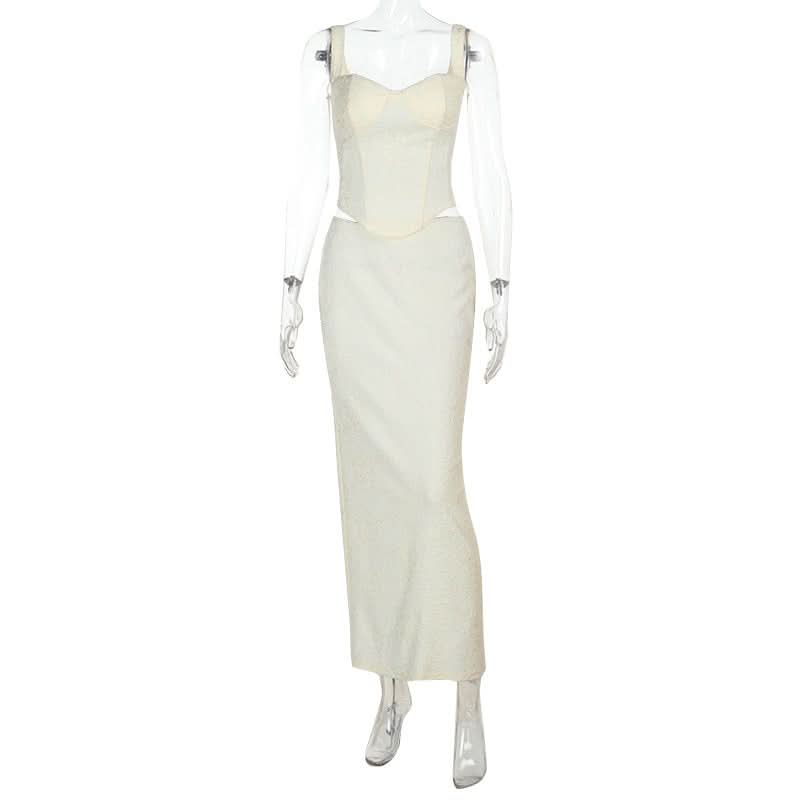 Elegant White Cutout Maxi Skirt & Corset Top Set - Holiday Party & Resort Ready