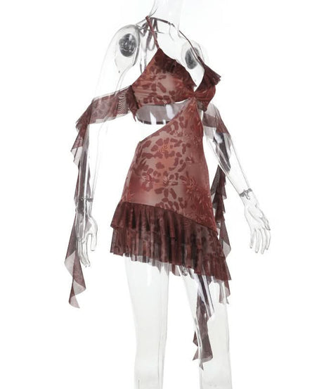 Enchanting Autumn Bloom Halter Mini Dress | Flirty Cut-Outs & Ruffles for Fall Parties