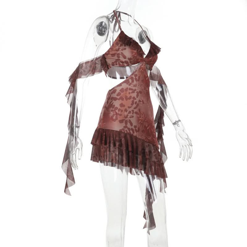 Enchanting Autumn Bloom Halter Mini Dress | Flirty Cut-Outs & Ruffles for Fall Parties