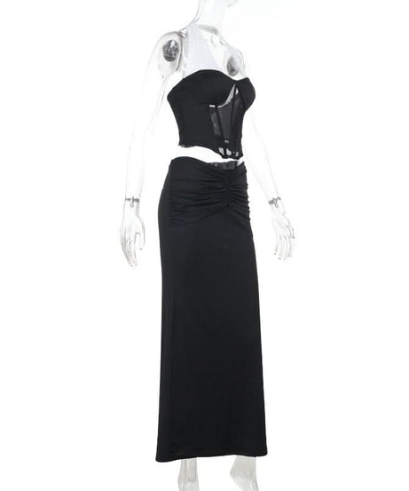 Chic Halter Corset & Ruched Maxi Skirt Set - Black & White Evening Glam for Fall