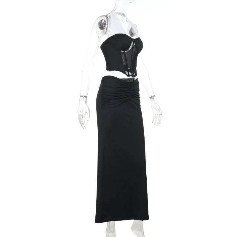 Chic Halter Corset & Ruched Maxi Skirt Set - Black & White Evening Glam for Fall
