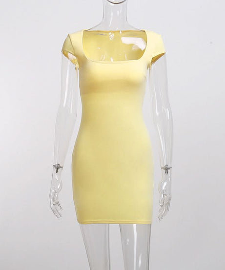 Sunshine Chic: Square Neck Cap Sleeve Bodycon Mini Dress - Your Versatile Fall & Holiday Essential