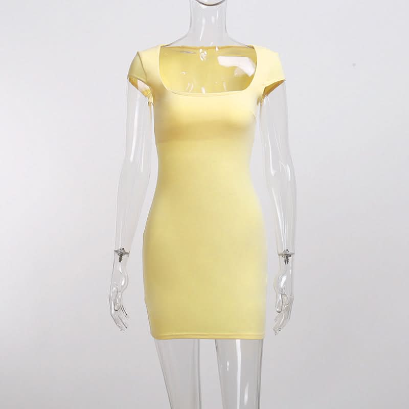 Sunshine Chic: Square Neck Cap Sleeve Bodycon Mini Dress - Your Versatile Fall & Holiday Essential