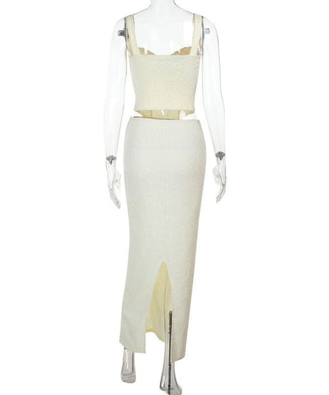 Elegant White Cutout Maxi Skirt & Corset Top Set - Holiday Party & Resort Ready