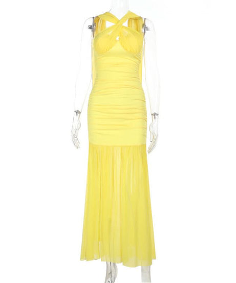 Radiant Yellow Ruched Halter Maxi Dress - Perfect for Destination Weddings & Holiday Getaways