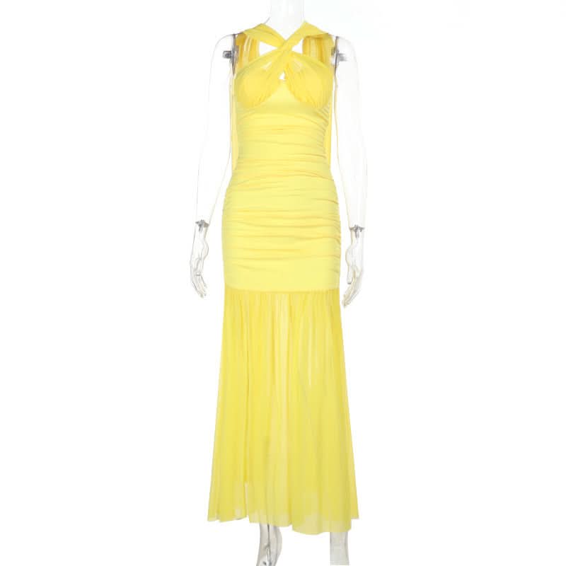 Radiant Yellow Ruched Halter Maxi Dress - Perfect for Destination Weddings & Holiday Getaways