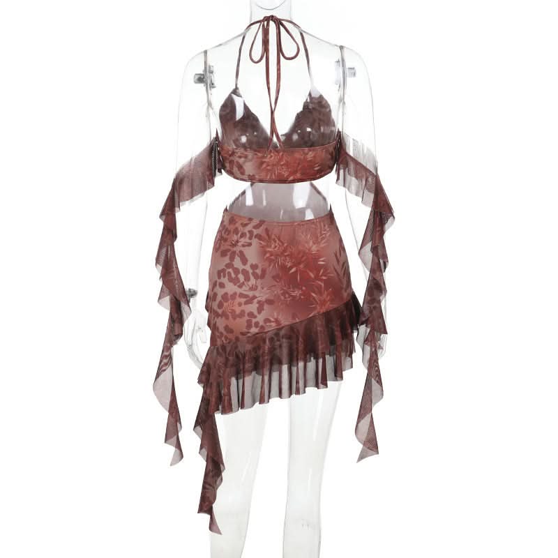 Enchanting Autumn Bloom Halter Mini Dress | Flirty Cut-Outs & Ruffles for Fall Parties