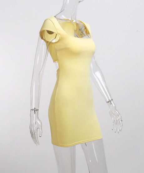 Sunshine Chic: Square Neck Cap Sleeve Bodycon Mini Dress - Your Versatile Fall & Holiday Essential