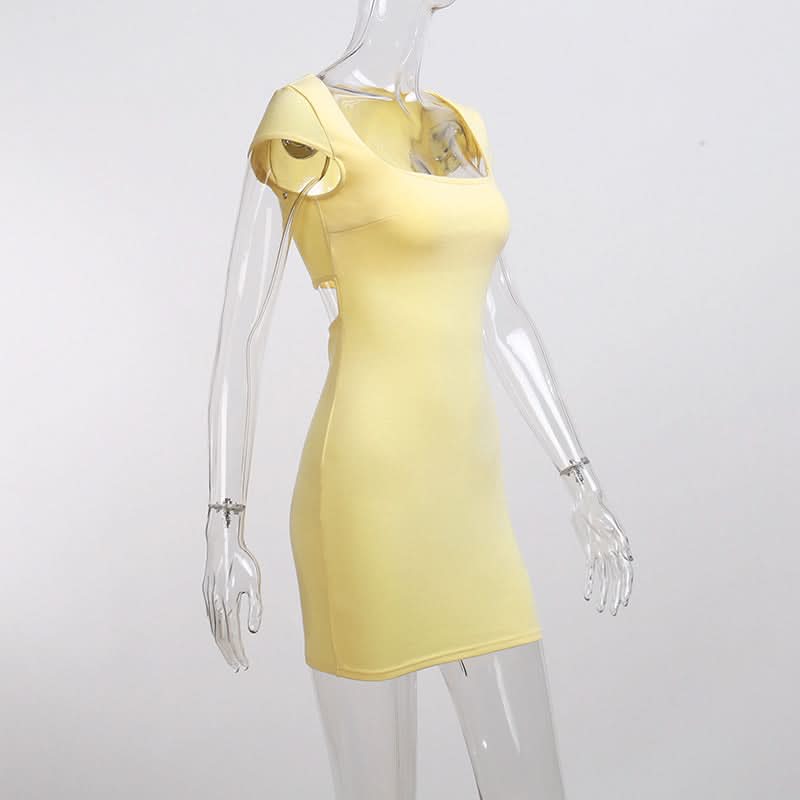 Sunshine Chic: Square Neck Cap Sleeve Bodycon Mini Dress - Your Versatile Fall & Holiday Essential