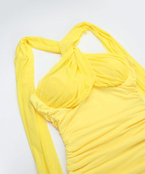 Radiant Yellow Ruched Halter Maxi Dress - Perfect for Destination Weddings & Holiday Getaways