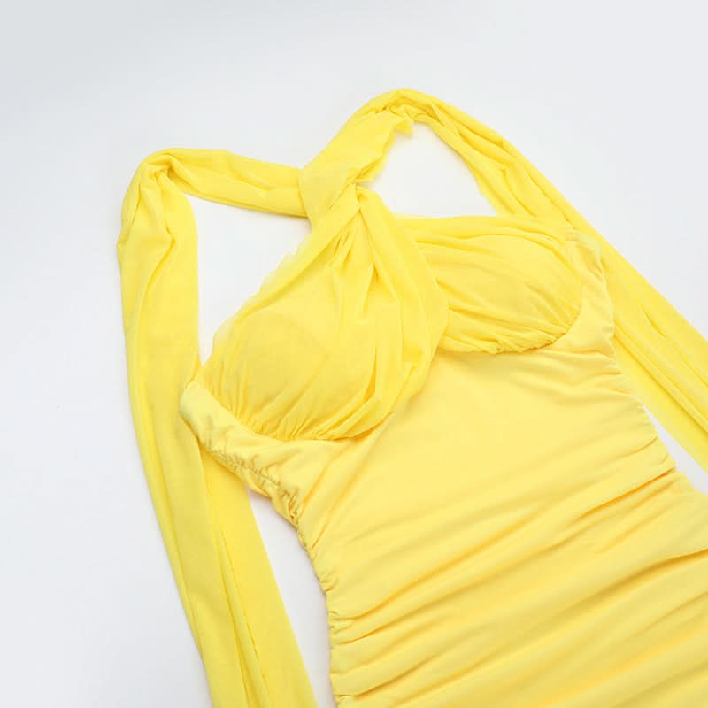 Radiant Yellow Ruched Halter Maxi Dress - Perfect for Destination Weddings & Holiday Getaways