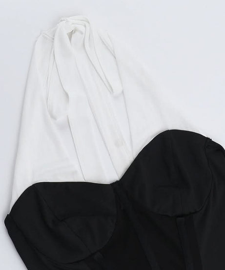 Chic Halter Corset & Ruched Maxi Skirt Set - Black & White Evening Glam for Fall