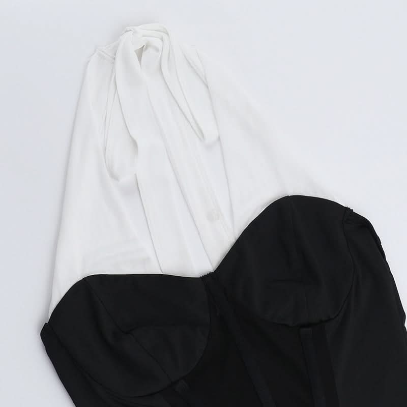 Chic Halter Corset & Ruched Maxi Skirt Set - Black & White Evening Glam for Fall