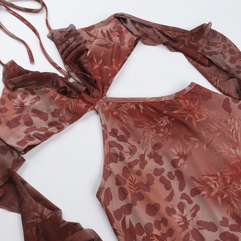 Enchanting Autumn Bloom Halter Mini Dress | Flirty Cut-Outs & Ruffles for Fall Parties