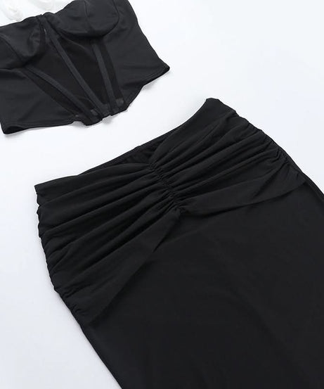 Chic Halter Corset & Ruched Maxi Skirt Set - Black & White Evening Glam for Fall