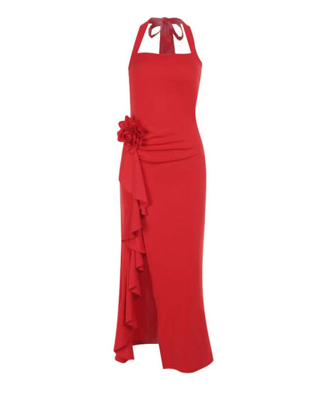 Scarlet Glamour: Red Halter Slit Midi Dress with Romantic Floral Detail - Your Statement Piece for Fall & Holiday