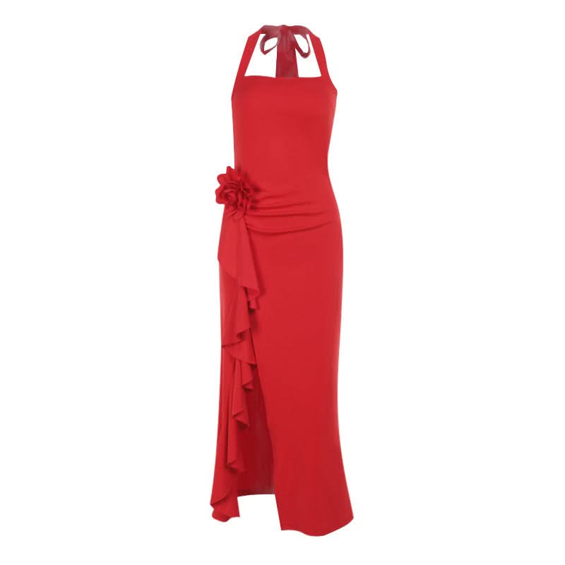 Scarlet Glamour: Red Halter Slit Midi Dress with Romantic Floral Detail - Your Statement Piece for Fall & Holiday
