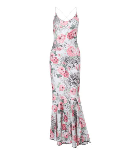 Autumn Bloom & Wild Sophistication: Pink Floral Leopard Mermaid Maxi Dress - Elegant Cross-Back Gown