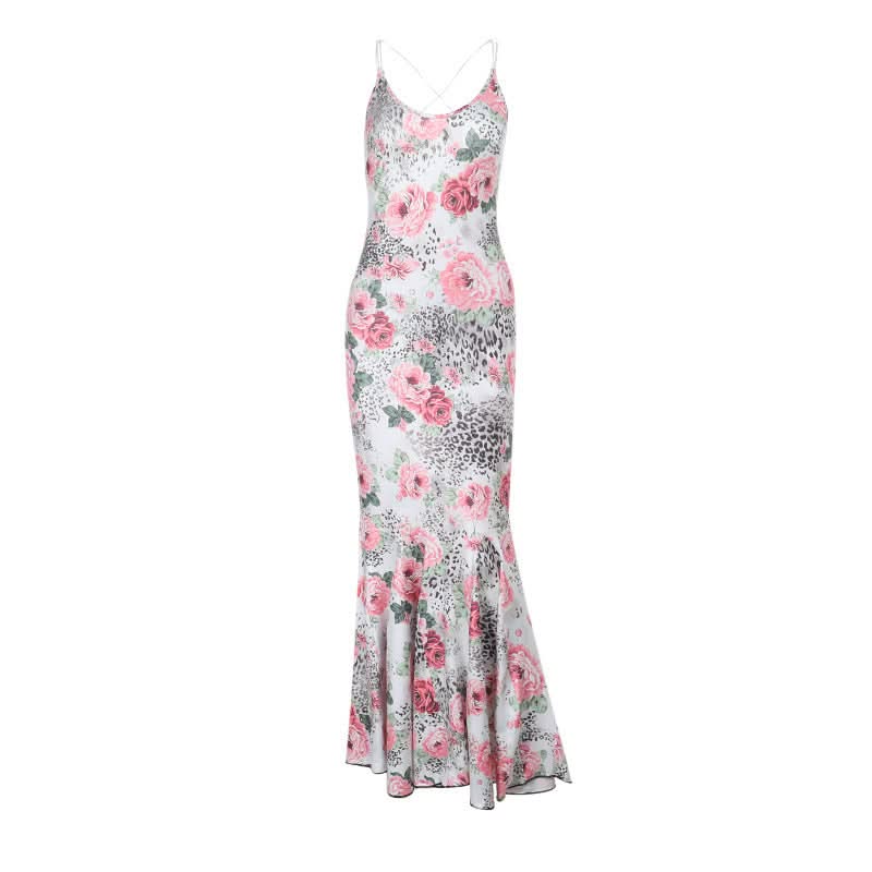 Autumn Bloom & Wild Sophistication: Pink Floral Leopard Mermaid Maxi Dress - Elegant Cross-Back Gown