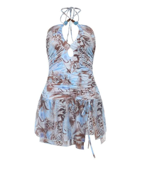 Y2K Abstract Print Halter Mini Dress - Chic Fall Getaway & Party Style