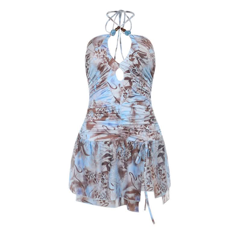 Y2K Abstract Print Halter Mini Dress - Chic Fall Getaway & Party Style