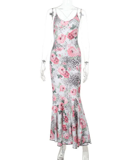 Autumn Bloom & Wild Sophistication: Pink Floral Leopard Mermaid Maxi Dress - Elegant Cross-Back Gown