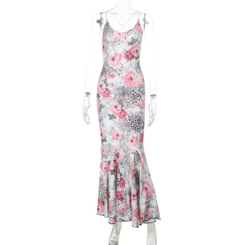 Autumn Bloom & Wild Sophistication: Pink Floral Leopard Mermaid Maxi Dress - Elegant Cross-Back Gown