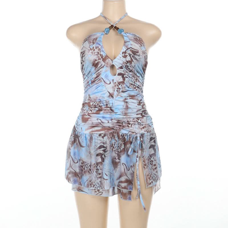 Y2K Abstract Print Halter Mini Dress - Chic Fall Getaway & Party Style