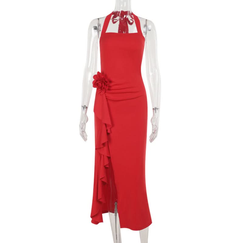 Scarlet Glamour: Red Halter Slit Midi Dress with Romantic Floral Detail - Your Statement Piece for Fall & Holiday