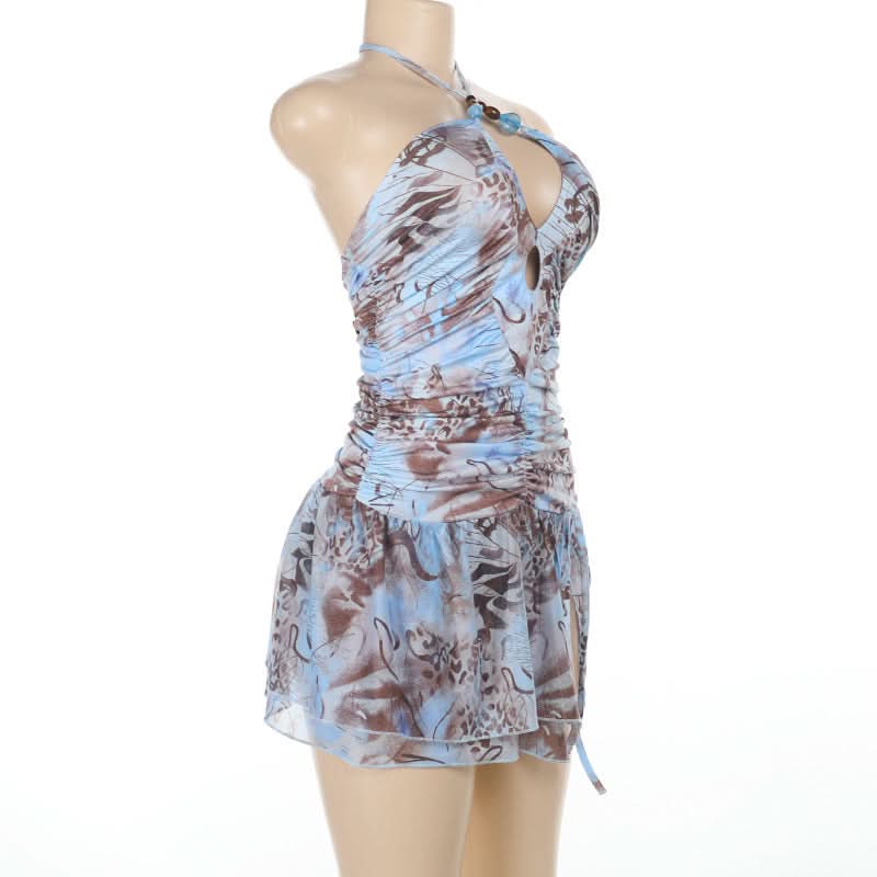 Y2K Abstract Print Halter Mini Dress - Chic Fall Getaway & Party Style