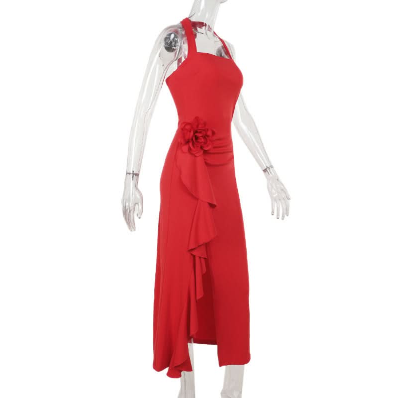 Scarlet Glamour: Red Halter Slit Midi Dress with Romantic Floral Detail - Your Statement Piece for Fall & Holiday