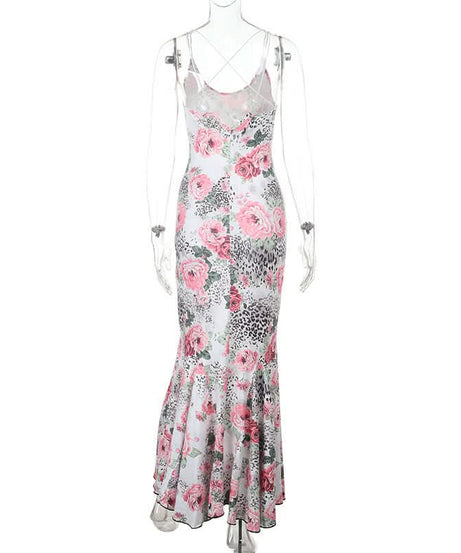 Autumn Bloom & Wild Sophistication: Pink Floral Leopard Mermaid Maxi Dress - Elegant Cross-Back Gown