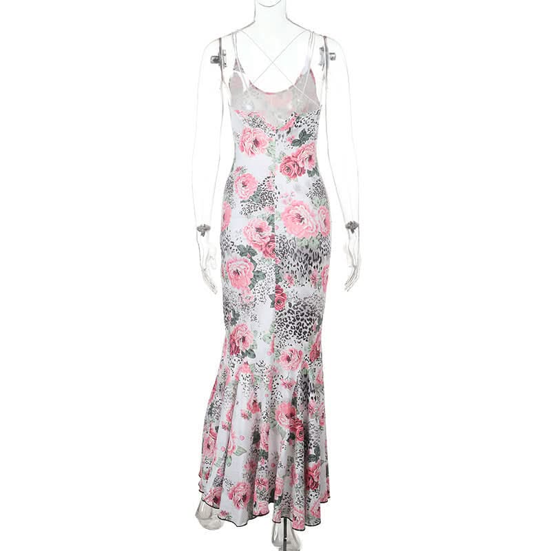 Autumn Bloom & Wild Sophistication: Pink Floral Leopard Mermaid Maxi Dress - Elegant Cross-Back Gown