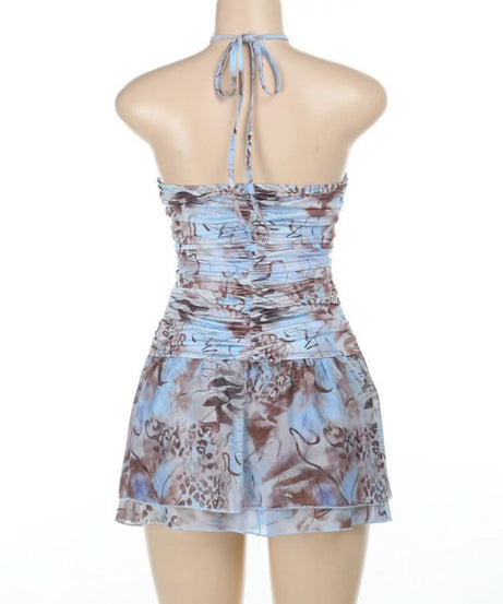 Y2K Abstract Print Halter Mini Dress - Chic Fall Getaway & Party Style
