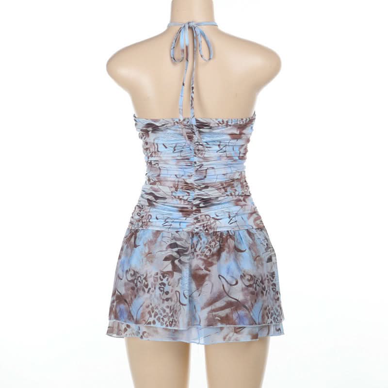 Y2K Abstract Print Halter Mini Dress - Chic Fall Getaway & Party Style