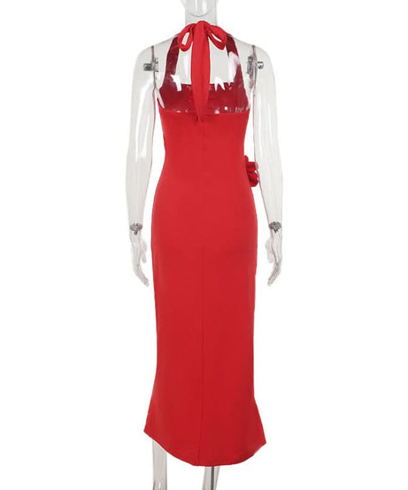 Scarlet Glamour: Red Halter Slit Midi Dress with Romantic Floral Detail - Your Statement Piece for Fall & Holiday